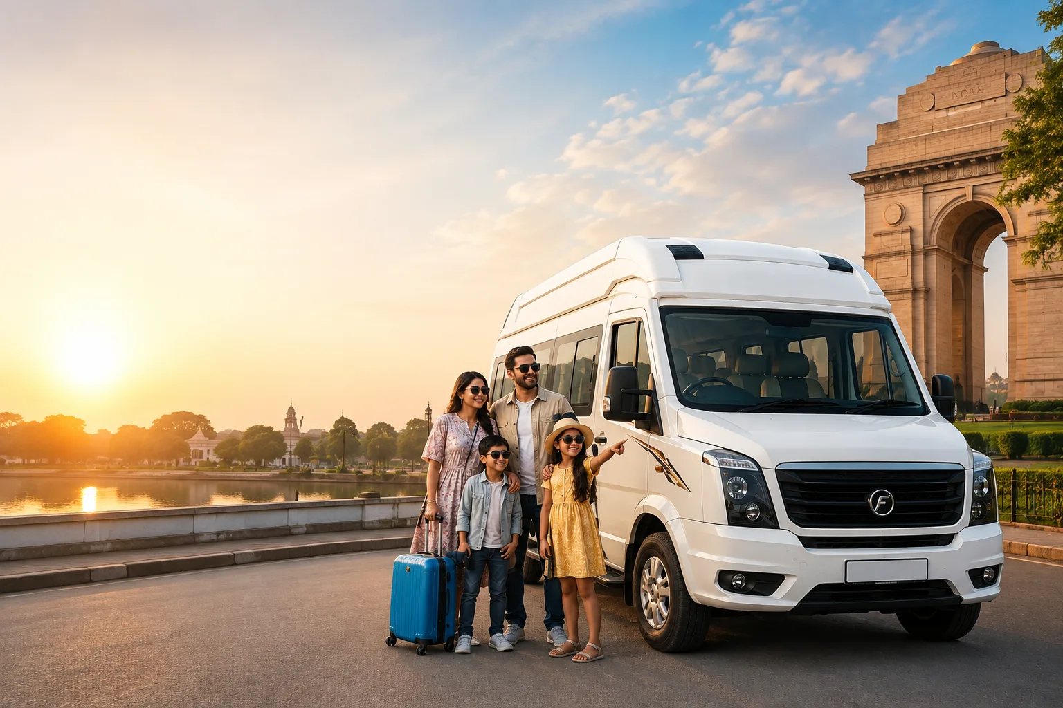 Luxury Tempo Traveller on Rent in Delhi with a family enjoying a premium group travel experience.